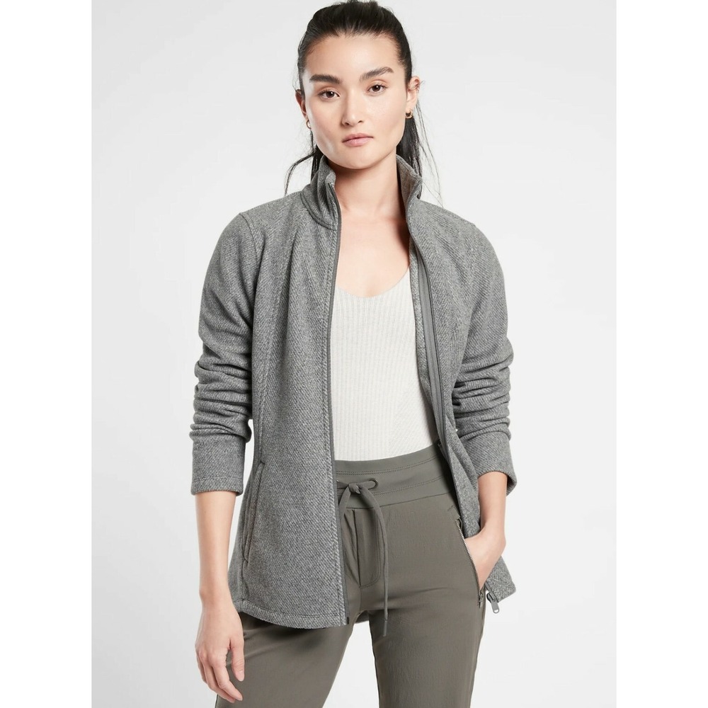 Athleta Stroll Fleece Full Zip Gray Jacket Athleisure Mock Neck Active Small